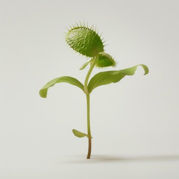 Medium shot of a Venus flytrap in the pot, isolated on a solid light pastel white background