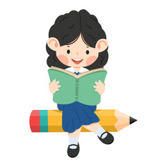 girl student is sitting on Pencil back to school