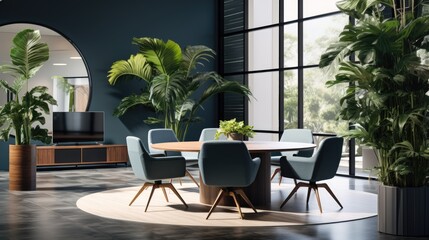 Fototapeta premium Contemporary meeting space with a circular table and a large plant in the corner