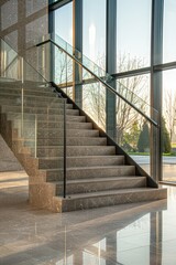 Modern Glass Staircase in Sunlit Lobby of Contemporary Office Building with Large Windows and Marble Floors