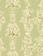 Vintage seamless pattern with intricate floral designs in shades of cream and pistachio green. Elegant and detailed, perfect for wallpapers and textiles