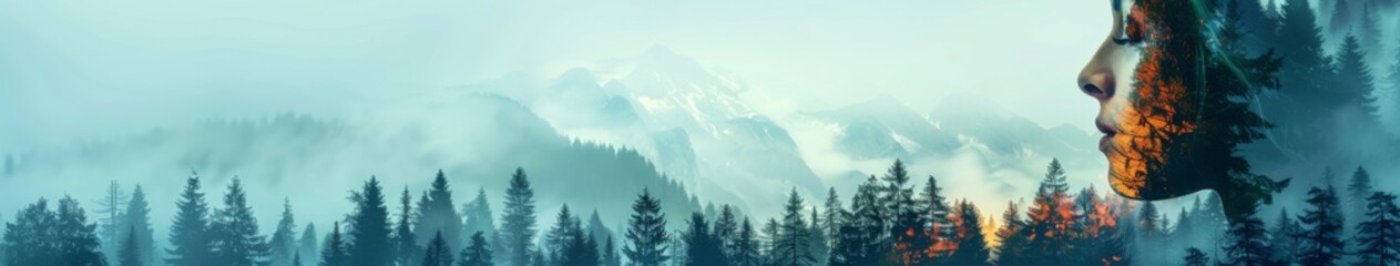 Fototapeta premium Ethereal Double Exposure Portrait: A Woman's Face Merged with Majestic Mountains and Forests, Embracing the Concept of Unity with Nature.