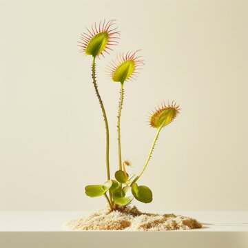 Medium shot of a Venus flytrap in the pot, isolated on a solid light pastel white background