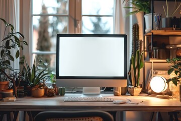 Blank white computer screen on an office desk with natural light, minimalist style, cozy home environment, shelves with plants, books, stationery, and decor, serene and modern atmosphere
