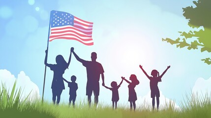 Silhouette of Family Holding American Flag in Countryside


