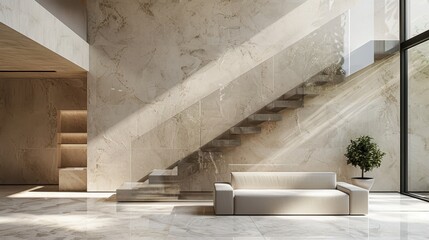 Modern Minimalist Interior with Marble Staircase and Sunlit Living Room Featuring a White Sofa and Potted Plant