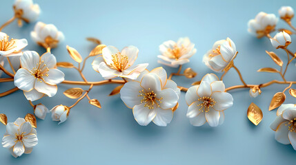 Seamless 3D White, Golden, and Yellow Cherry Blossom Flowers in Branches on a Light Background. Abstract Floral 3D Landscape Wall Sticker. Hd Seamless Magnolia, Frangipani, Rose Flower Wallpaper.