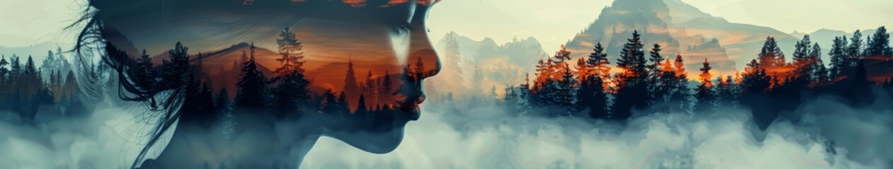 Fototapeta premium Ethereal Double Exposure Portrait: A Woman's Face Merged with Majestic Mountains and Forests, Embracing the Concept of Unity with Nature.