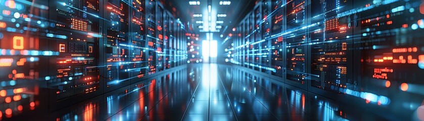 Fototapeta premium Modern Data Center with Rows of Servers and Futuristic Digital Connections