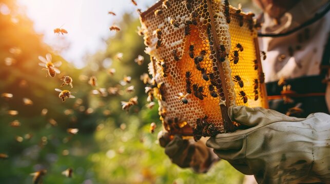 Beekeeper holding a beehive frame with bees flying around