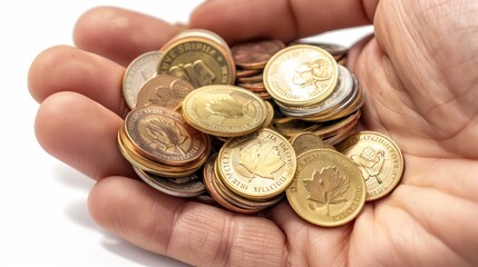 Fototapeta premium Hand full of coins, white background