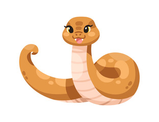 Funny snake. Cute happy python, joyful excited viper smiling and laughing. Adorable joyous animal character in kids kawaii style. Flat cartoon vector illustration isolated on white background