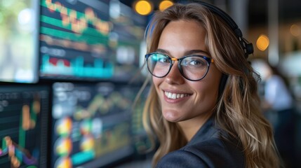 Confident Businesswoman Analyzing Stock Market Data on Multiple Monitors in Modern Office Environment