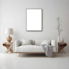 Blank wall art/frame mockup in a minimalist room with wooden furniture 