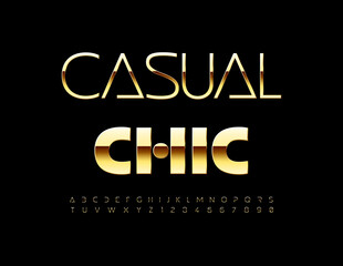 Obraz premium Vector futuristic emblem Casual Chic. Gold glossy Font. Unique style set of Alphabet Letters and Numbers