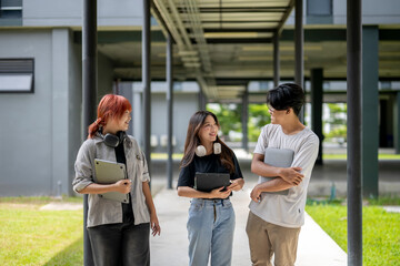 Three young people are walking down a hallway, each carrying a laptop