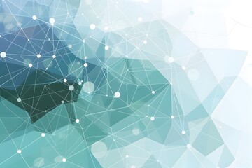 A background with geometric shapes and lines in shades of blue, white, gray, and green, representing technology or science. The design is made up of triangles and circles connected by thin lines to fo