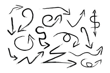 Fototapeta premium Black charcoal arrows strokes different forms. arrow Brush elements. A collection of arrows in n brush stroke style. set of chalk pencil, brush stroke arrows. vector.