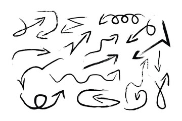 Black charcoal arrows strokes different forms. arrow Brush elements. A collection of arrows in n brush stroke style. set of chalk pencil, brush stroke arrows. vector.