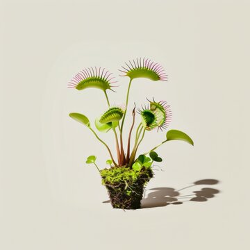 Medium shot of a Venus flytrap in the pot, isolated on a solid light pastel white background