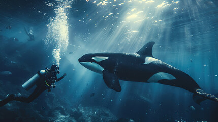 Fototapeta premium Orca Whale in the Ocean Underwater Background with Copy Space