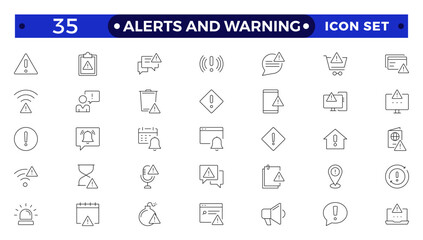 Warning and risk. Set of line icons in linear style. Warning exclamation mark, attention, danger, notice, stop. Alerts and Warning outline icon collection.