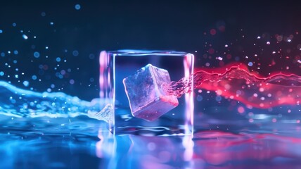 A surreal scene featuring an ice cube suspended in a glass cube with vibrant red and blue liquid streams flowing around it, creating a futuristic and otherworldly effect