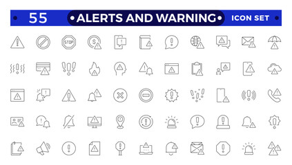 Warning and risk. Set of line icons in linear style. Warning exclamation mark, attention, danger, notice, stop. Alerts and Warning outline icon collection.