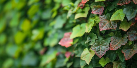 Fototapeta premium A close-up view of lush green and red ivy leaves forming a natural wall, emphasizing nature and growth.