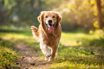 A joyful golden retriever runs along a grassy pathway, illuminated by sunlight, showcasing happiness and vitality in nature.