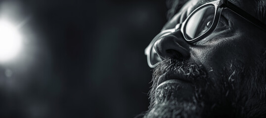 A side profile of a bearded man in dark lighting with an intense light source to the left creating a dramatic effect.