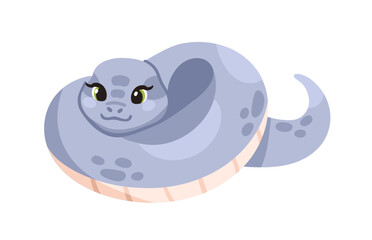 Cute snake. Happy funny cartoon coiled python. Adorable kawaii character, charming viper lying, relaxing. Lovely baby cobra resting. Kids flat vector illustration isolated on white background