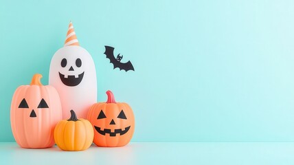 Festive Halloween decor featuring colorful pumpkins, a ghost, and a bat on a bright background, perfect for autumn celebrations.