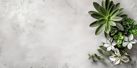 Various green succulent plants arranged on a light textured background, showcasing minimalist botanical decor.