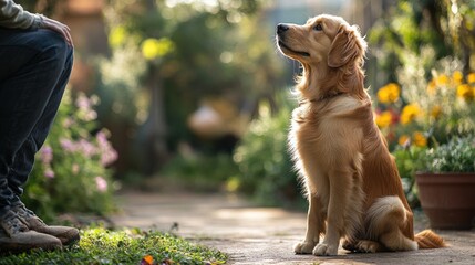 A serene image of a dog practicing the sit command in a quiet backyard The dog's attentive expression and the owner's calm demeanor create a peaceful and focused atmosphere The garden setting, with