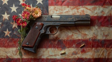 Broken Handgun with Flowers Growing from Barrel Against American Flag Background Symbolizing Debate on Gun Laws in America