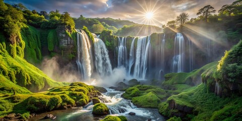 Majestic waterfall cascades down lush green cliffs, misty veil rising, sunbeams filtering through, creating a breathtaking scene of awe-inspiring natural beauty and serenity.