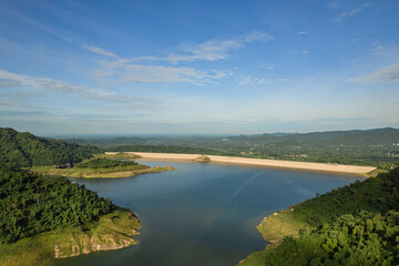 Aerial view of beautiful natural scenery of river in southeast asia tropical green forest and mountains in Thailand.