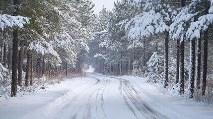 Obraz premium Tranquil Snow-Covered Path Through Enchanting Pine Forest in Winter Wonderland