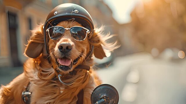Golden Retriever Wearing Sunglasses Enjoys Ride on Scooter Through City Streets in Sunny Afternoon