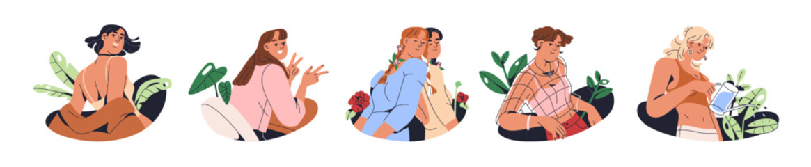 Modern girls, lifestyle portraits set. Young fashion attractive women life. Happy cool female characters in trendy style. New femininity. Flat graphic vector illustration isolated on white background