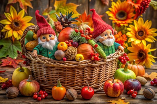 Vibrant autumn harvest basket overflows with seasonal fruits, leaves, and flowers, surrounded by friendly gnomes and natural elements, evoking cozy Thanksgiving atmosphere.