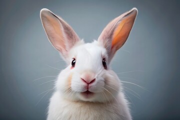 Adorable white rabbit with twinkling eyes and rosy nose smiles broadly, showcasing joyful expression, isolated on a clean background with ample copy space.