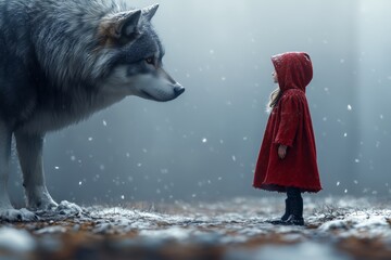 little red riding hood. A little girl in a red hooded cape facing off against the wolf.