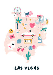 Hand drawn illustrated map with famous symbols of Las Vegas, Nevada. Vector illustration for travel banners, posters, books, graphic prints