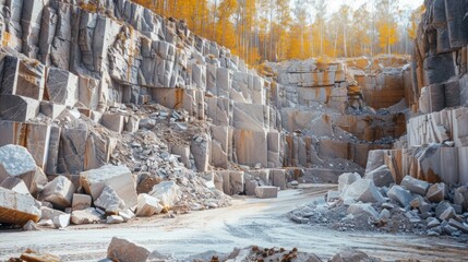 Marble quarry, extraction and processing of white marble, open mining. Selective focus.