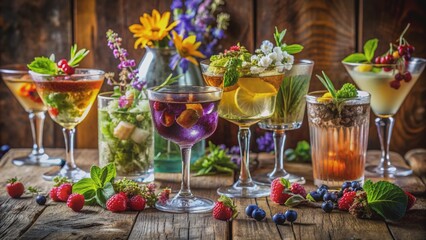 Luxurious glassware showcases vibrant, expertly crafted cocktails adorned with edible flowers, fresh fruits, and delicate herbs, arranged artfully on a polished wooden bar surface.