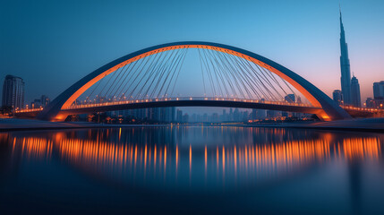 Naklejka premium Elegant modern bridge with arches and lighting, city background, wide-angle shot. 