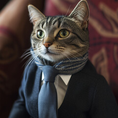 A cat in a business suit on a dark background