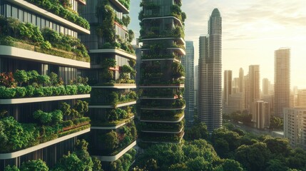 High-rise buildings with vertical gardens in a future city, text area for sustainable urban living